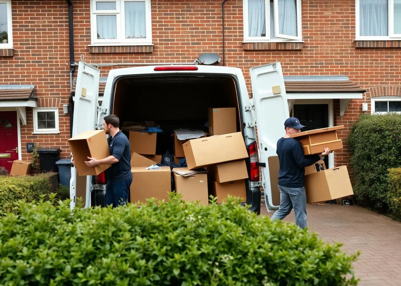 Clearance team loading boxes and furniture into a van outside a house