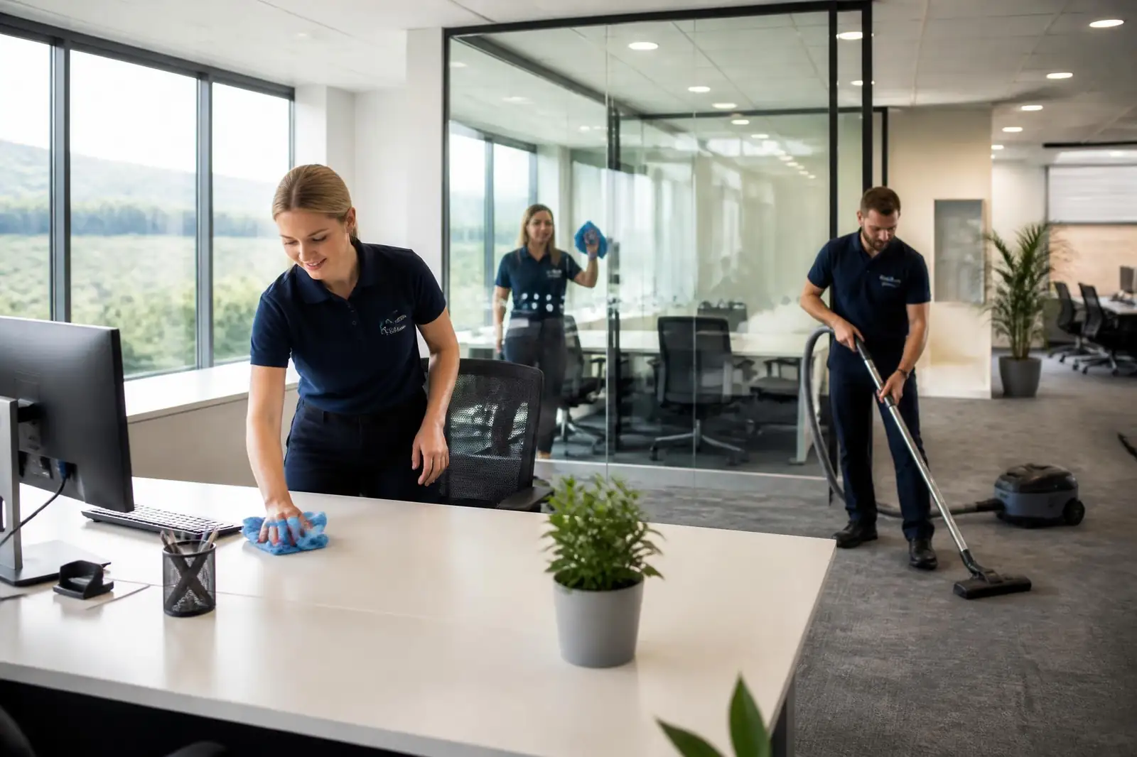 Professional domestic and commercial cleaning team working in a modern York office